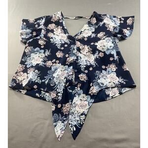 Love Fire Women’s Floral Tie Front Blouse Navy Pink Blue Flutter Sleeve Top M